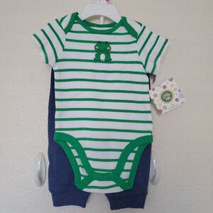 Little Me Frog Stripes Bodysuit Blue Pants + Hat 3PC Outfit Set Baby Boy 9Months